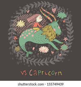 Cute zodiac sign - Capricorn. Vector illustration. Little girl riding on the big blue ibex in the sky with clouds. Doodle hand-drawn style in dark colors