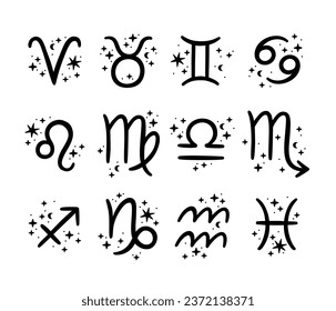 Cute Zodiac sign collection black and white. Astrology icon Virgo simple illustration, Libra clipart, Horoscope celestial set. svg