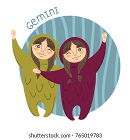 Cute zodiac sign - Gemini. Kid in gemini costume. Vector illustration.