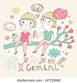 Cute zodiac sign - Gemini. Vector illustration. Little boys playing with birds on the branch in cloud sky. Doodle hand-drawn style