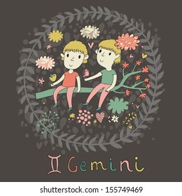 Cute zodiac sign - Gemini. Vector illustration. Little boys playing with birds on the branch in cloud sky. Doodle hand-drawn style in dark colors