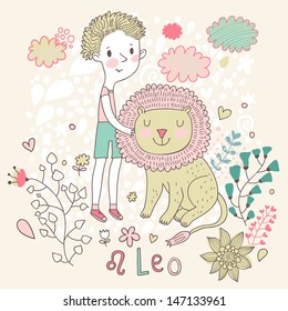 Cute zodiac sign - Leo. Vector illustration. Little boy playing with big lion. Background with flowers and clouds. Doodle hand-drawn style