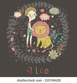 Cute zodiac sign - Leo. Vector illustration. Little boy playing with big lion. Background with flowers and clouds. Doodle hand-drawn style in dark colors