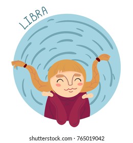 Cute zodiac sign - Libra. Girl in libra costume. Vector illustration.