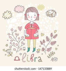 Cute zodiac sign - Libra. Vector illustration. Little girl riding on pink horse and shooting arrows. Background with flowers and clouds. Doodle hand-drawn style