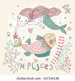 Cute zodiac sign - Pisces. Vector illustration. Little mermaid swimming with big fish with flowers and water plants. Doodle hand-drawn style