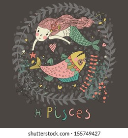 Cute zodiac sign - Pisces. Vector illustration. Little mermaid swimming with big fish with flowers and water plants. Doodle hand-drawn style in dark colors