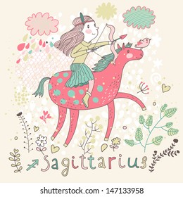 Cute zodiac sign - Sagittarius. Vector illustration. Little girl riding on pink horse and shooting arrows. Background with flowers and clouds. Doodle hand-drawn style