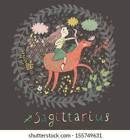 Cute zodiac sign - Sagittarius. Vector illustration. Little girl riding on pink horse and shooting arrows. Background with flowers and clouds. Doodle hand-drawn style in dark colors