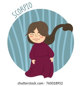 Cute zodiac sign - Scorpio. Girl in scorpio costume. Vector illustration.