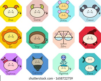 Juego de signos de zodiaco curado, adorable vector cartográfico dibujado a mano con adorable león de rata/ foca/ nutria/ mar aislado en el colorido fondo