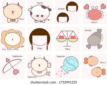 Cute zodiac sign set, hand drawn cute cartoon vector with cartoon charecter isolated on the pastel color background