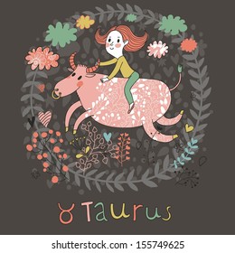 Cute zodiac sign - Taurus. Vector illustration. Little girl riding on the big pink calf with clouds and flowers. Doodle hand-drawn style in dark colors