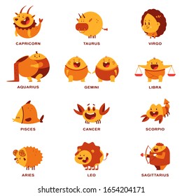 Cute zodiac sign vector cartoon characters set isolated on a white background.