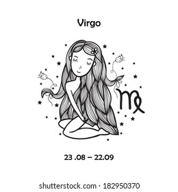 Cute zodiac sign - Virgo. Vector illustration. Little beautiful girl with long hair