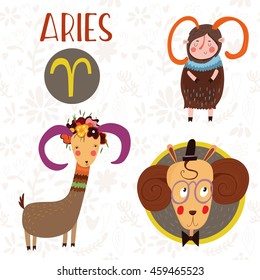 Cute Zodiac sign-Aries-different  illustrations  in cartoon style. Lovely design for adults and kids. - stock vector
