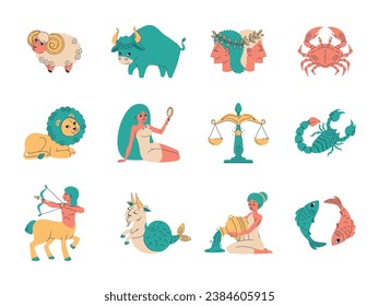 Cute zodiac signs. Funny astrological icons, traditional horoscope symbols, cartoon style aries, taurus, gemini and cancer, funny leo and scorpio cartoon flat isolated minimal vector set
