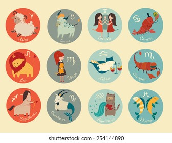 Cute zodiac signs icon. Hand-drawn style. 12 characters in one set