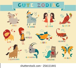 Cute zodiac signs icon. Hand-drawn style, funny animal. 12 characters in one set