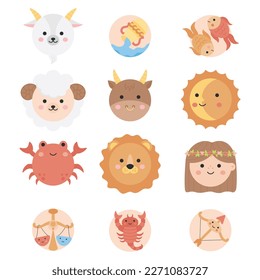 Cute zodiac signs vector set. Twelve round zodiac sign icons, illustrations, isolated collection.