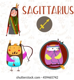 Cute Zodiac sign-Sagittarius-different  illustrations  in cartoon style. Lovely design for adults and kids. - stock vector
