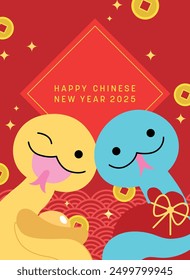 Cute zodiac snake pair for chinese new year 2025. Two zodiac snakes holding luck money with coins and ingots.