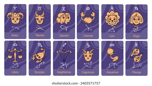 Cute zodiac symbols cards. Cartoon horoscope signs, constellation with illustrations, funny aries, taurus, gemini, libra, leo, vector set.eps
