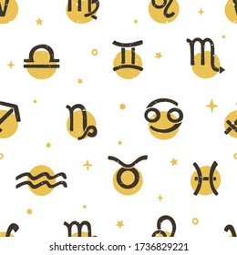 Cute zodiac symbols seamless pattern. Two-color astrology signs on a white background. Can be used for horoscope, predictions, greeting card or wrapping. Vector shabby hand drawn illustration