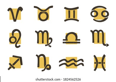 Cute zodiac symbols set. Two-color astrology signs on a transparent background. Can be used for horoscope, predictions, greeting card, birthday party. Vector shabby hand drawn illustration