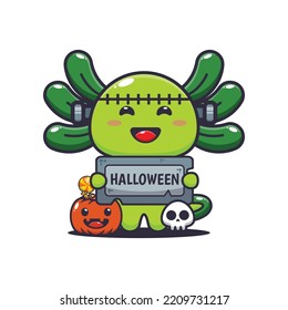 Cute zombie axolotl holding halloween greeting stone. Cute halloween cartoon illustration.
