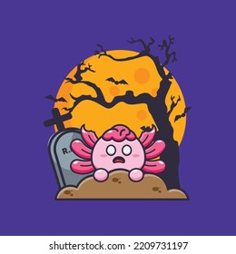 Cute zombie axolotl rise from graveyard in halloween day. Cute halloween cartoon illustration.