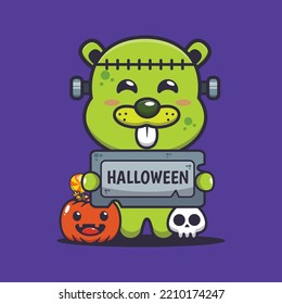 Cute zombie beaver holding halloween greeting stone. Cute halloween cartoon illustration.