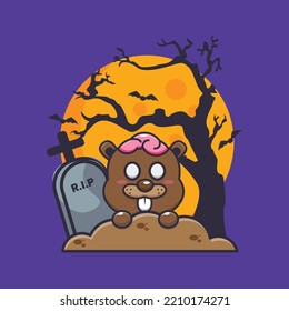 Cute zombie beaver rise from graveyard in halloween day. Cute halloween cartoon illustration.