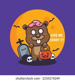 Cute zombie beaver want candy. Cute halloween cartoon illustration.