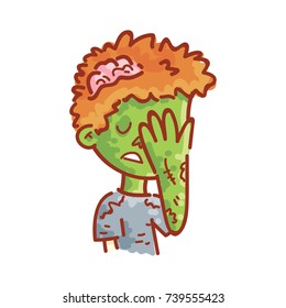 Cute Zombie boy character: Face palm, sad, grumpy emotion. Set of vector hand drawn style, cute doodle cartoon illustration for web, stickers, emoji, emoticons