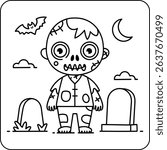 Cute Zombie Boy in Graveyard Line Art Halloween Coloring Page