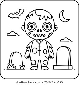 Cute Zombie Boy in Graveyard Line Art Halloween Coloring Page