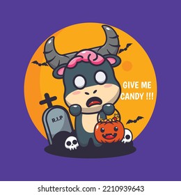 Cute zombie buffalo want candy. Cute halloween cartoon illustration.