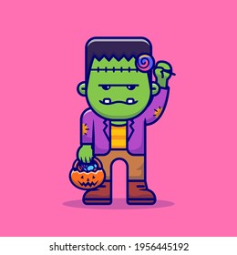 Cute Zombie With Candy Lollipop Cartoon Vector Icon Illustration. Halloween Icon Concept Isolated Premium Vector. Flat Cartoon Style