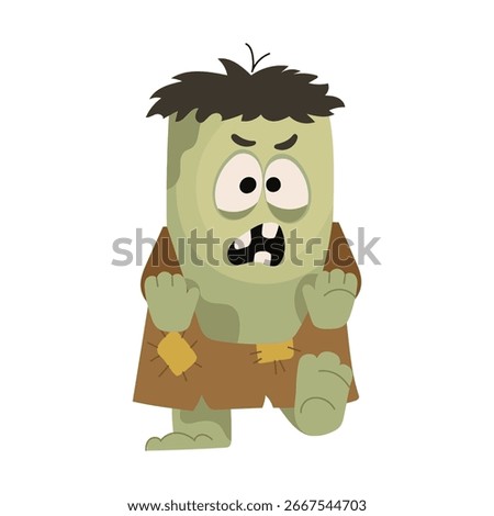 Cute zombie cartoon character in torn clothes reminiscent of Frankenstein Halloween monster illustration in flat vector style for kids design, print, card, holiday decoration Fantasy colorful creature