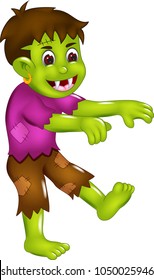 cute zombie cartoon walking with laughing and waving