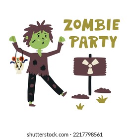 Cute zombie character with candy. Green Lettering Zombie Party Season Holiday. Halloween kids graphic. Cartoon flat vector clipart