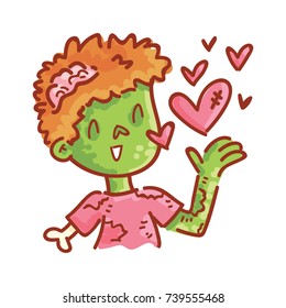 Cute Zombie character in love, sending kiss with hearts emotion. Set of vector hand drawn style, cute doodle cartoon illustration for web, stickers, emoji, emoticons