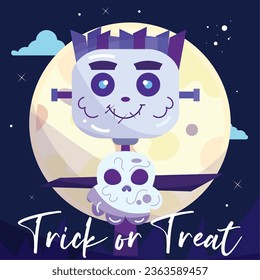 Cute Zombie Character With Skull and Halloween Moon