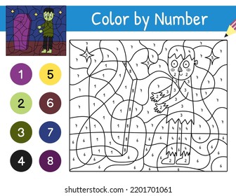 Cute zombie with coffin color by number game for kids. Coloring page with Halloween character. Printable worksheet with solution for school and preschool. Vector illustration