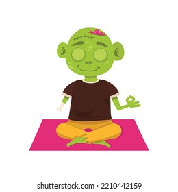 A cute zombie from the collection is doing yoga. Sits in the lotus position.