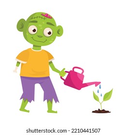 A cute zombie from the collection is watering a flower.