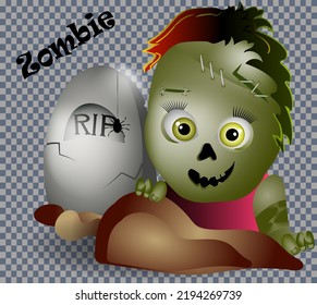  Cute zombie crawling out of the grave.Halloween badge. Vector illustration.
