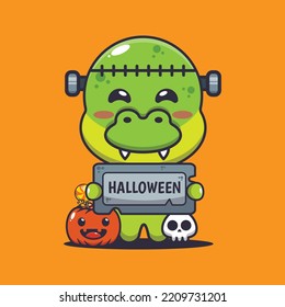 Cute zombie dino holding halloween greeting stone. Cute halloween cartoon illustration.