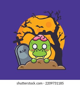 Cute zombie dino rise from graveyard in halloween day. Cute halloween cartoon illustration.